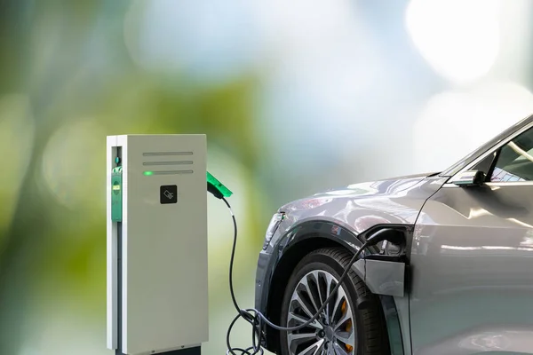 Electric car with a connected charging cable on a green background. High quality photo