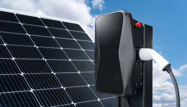 以太阳能电池板为背景 关闭电动汽车充电站 高质量的照片 — 图库照片