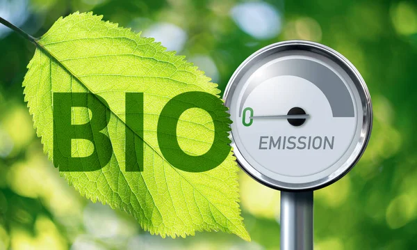 Tekst Bio Een Blad Meter Met Inscriptie Emissie Pijl Wijst — Stockfoto