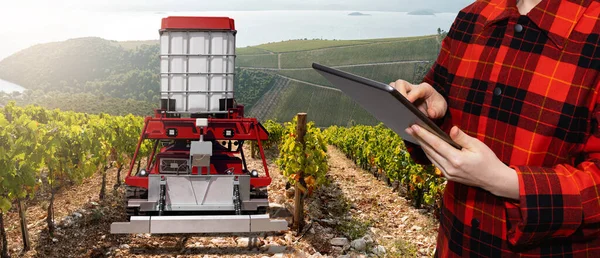Agricoltore Controlla Spruzzatore Robot Autonomo Vigneto Concetto Agricoltura Intelligente — Foto Stock