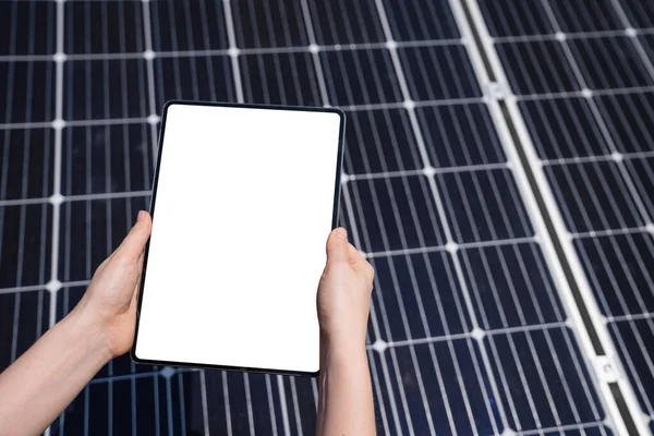 Hands Digital Tablet Background Solar Panels — Stock Photo, Image
