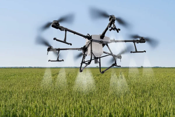 Drohne Fliegt Über Landwirtschaftliches Feld Smart Farming Und Präzisionslandwirtschaft — Stockfoto