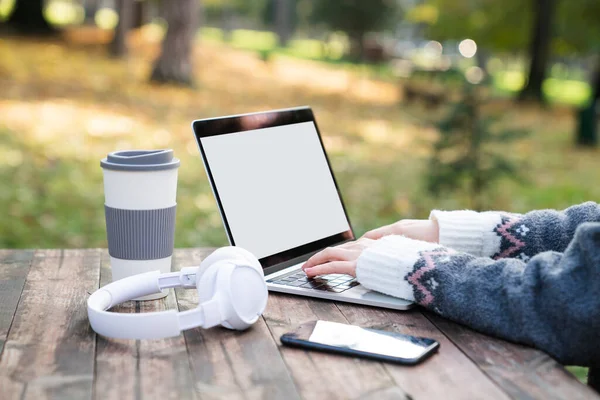 stock image Freelancer working on laptop in autumn park