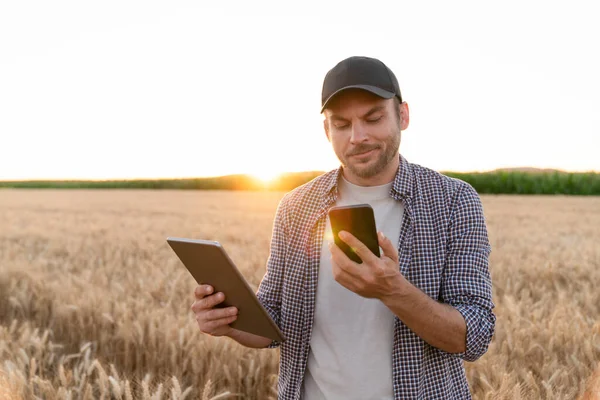 Bearded Farmer Mobile Phone Digital Tablet Agricultural Field Sunset — Stock Photo, Image