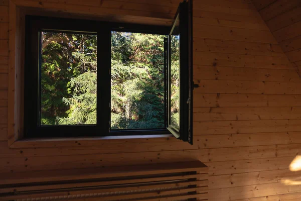 Window Wooden House View Green Pine Trees — Zdjęcie stockowe