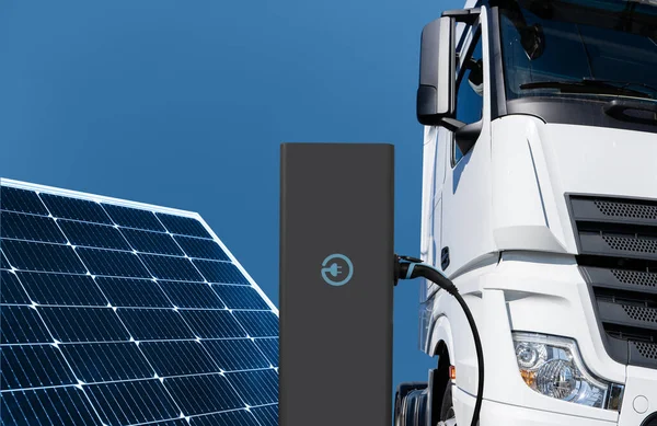 Electric Truck Charging Station Background Solar Panels — Stock Photo, Image