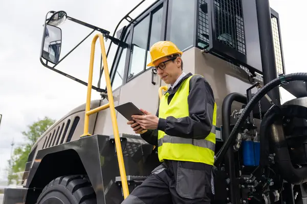 Engineer Tablet Computer Stands Stairs Cab Truck — Stock Photo, Image