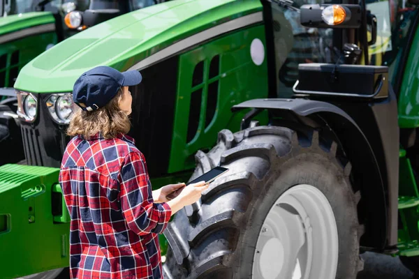 Woman Farmer Digital Tablet Background Agricultural Tractor — Stok fotoğraf