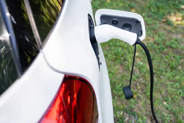 Close up of electric car inlet with a connected charging cable.