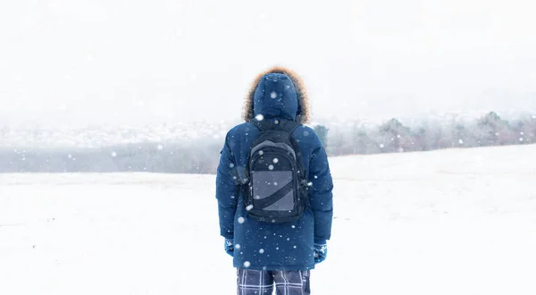 雪の間の冬の風景の背景に毛皮のフードとバックパックが付いた青いジャケットでの旅行者のバックビュー — ストック写真