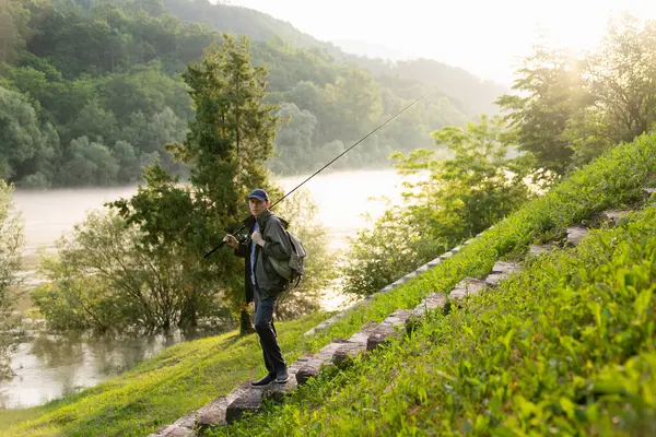 Man Fishing Mountain River Evening — Stock Photo, Image