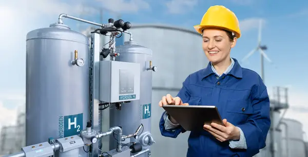 Female Engineer Tablet Computer Background Hydrogen Factory — Stock Photo, Image