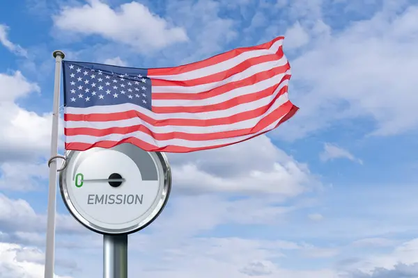 Amerykańska Flaga Trzepocze Tle Gauge Napisem Emisja Strzałka Wskazuje Zero — Zdjęcie stockowe