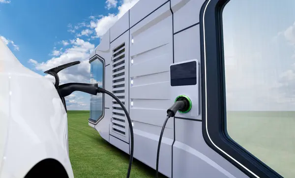Opladen Elektrische Auto Nex Naar Futuristische Ecologische Huis Met Laadstation Stockfoto