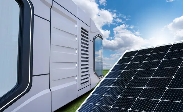 Konzept Eines Futuristischen Emissionsfreien Modulhauses Das Mit Erneuerbarer Energie Betrieben lizenzfreie Stockbilder