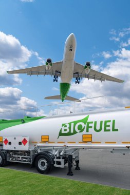 Airplane and biofuel tank trailer. New energy sources. clipart