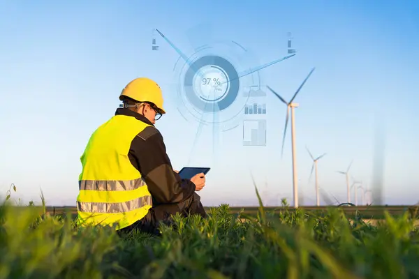 stock image Engineer with digital tablet controls wind turbines.