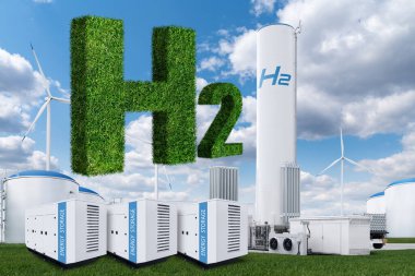 Hydrogen factory with energy storage concept. Green hydrogen production from renewable energy sources.. clipart