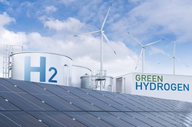 Hydrogen factory with energy storage concept. Green hydrogen production from renewable energy sources clipart