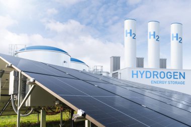 Hydrogen factory with energy storage concept. Green hydrogen production from renewable energy sources clipart