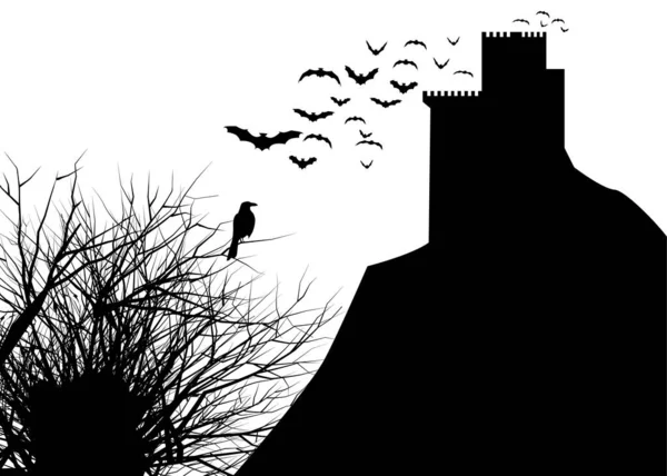 Middeleeuws Kasteel Silhouet Raven Droge Takken Vliegende Vleermuizen Zwarte Inkt — Stockvector