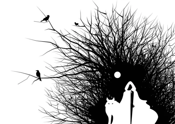 在黑色树枝上的乌鸦的轮廓 以及在月亮下的狼和头戴头罩的女人的形象 白色背景上的黑色墨水 — 图库矢量图片