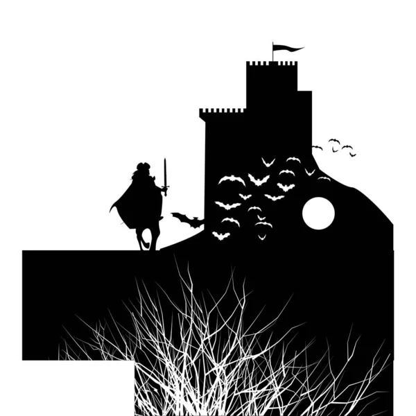 Silhouette Médiévale Château Chevalier Cheval Tenant Une Épée Des Branches — Image vectorielle