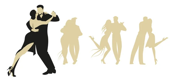 Paar Silhouetten Tragen Elegante Kleidung Tanzen Tango Oder Lateinamerikanische Musik — Stockvektor