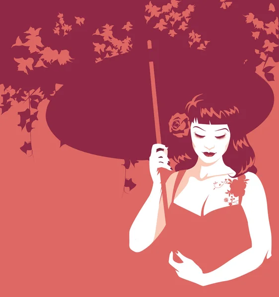 Belle Fille Peignée Habillée Dans Style Pinup Rétro Tenant Parapluie — Image vectorielle
