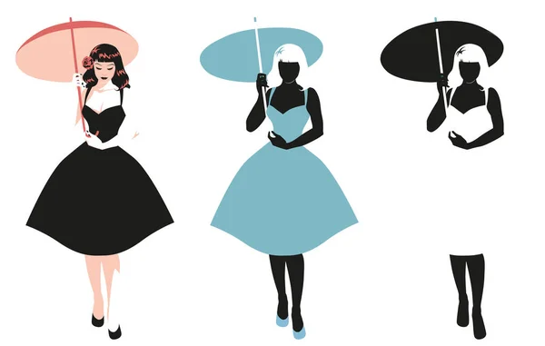 美しい女の子は白い背景に隔離された傘を保持レトロなピンナップスタイルでコンパイルし 身に着けています 三つの版 — ストックベクタ