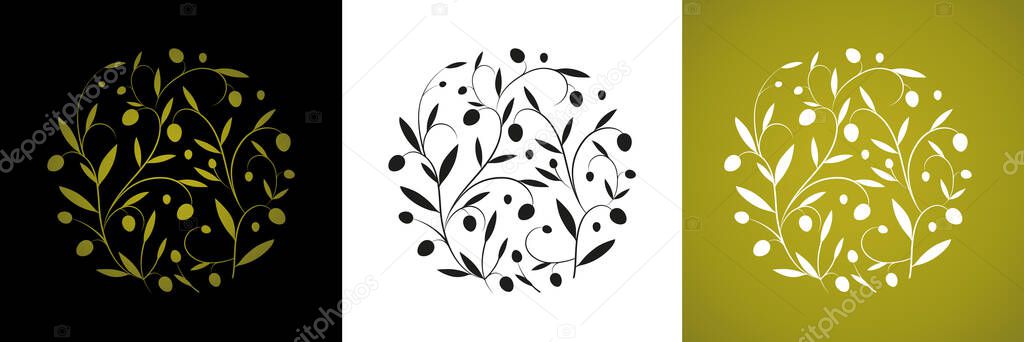 Abstract circular image of graphic elements related to olives and olive oil. Extra virgin olive oil symbol. Symbol of culture and Mediterranean food.