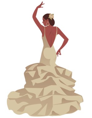 Güzel İspanyol flamenko dansçısı tipik bir elbise giyiyor ve saçında çiçekler var, beyaz arka planda soyutlanmış.