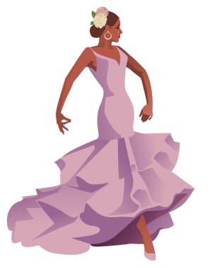 Güzel İspanyol flamenko dansçısı tipik bir elbise giyiyor ve saçında çiçekler var, beyaz arka planda soyutlanmış.