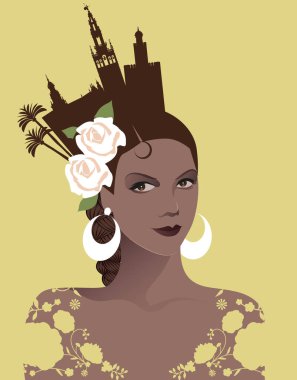 Saçında çiçekler, büyük küpeler, nakışlı çiçekli süsler ve Sevilla anıtlarının siluetleriyle sembolik bir tarak taşıyan güzel bir İspanyol kadının portresi.