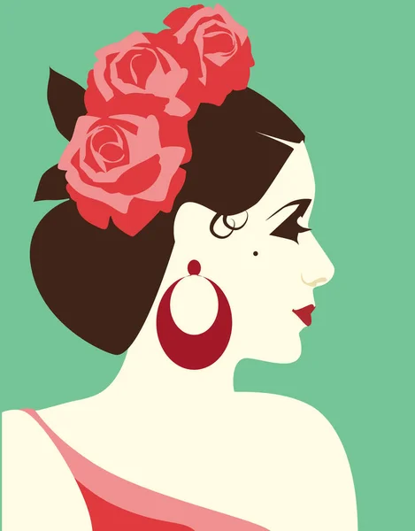 Vue Côté Portrait Stylisé Belle Femme Espagnole Avec Des Fleurs — Image vectorielle