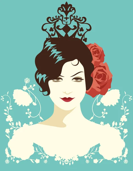 彼女の髪の花や刺繍の装飾品を身に着けている美しいレトロな外観のスタイルの肖像画スペインの女性 — ストックベクタ