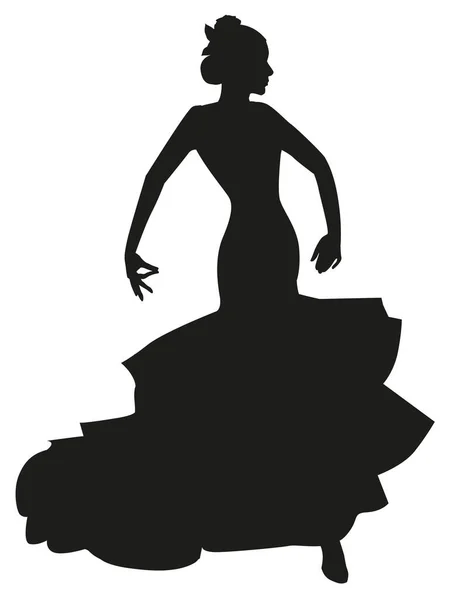 エレガントな典型的なドレスと彼女の髪の花を身に着けているスペインのフラメンコダンサーのシルエット 白い背景に隔離された — ストックベクタ