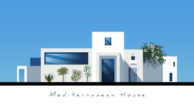 Mavi gökyüzü arka planında izole edilmiş Akdeniz evi. Modern mimari.
