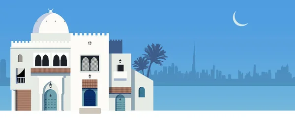 Byggnader Arabisk Marockansk Eller Medelhavsstil Skyline Storstad Arabiska Emirat Månen — Stock vektor