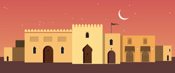 Byggnader Arabisk Marockansk Eller Medelhavsstil Skyline Storstad Arabiska Emirat Månen — Stock vektor