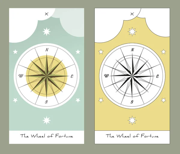 Major Arcana Tarot Cards Stiliserad Design Lyckohjulet Kompassros Moln Och — Stock vektor