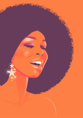 Beautiful woman with afro style curly hair, acid colors. Psychedelic makeup. Poster music soul, funk or disco style 60s or 70s