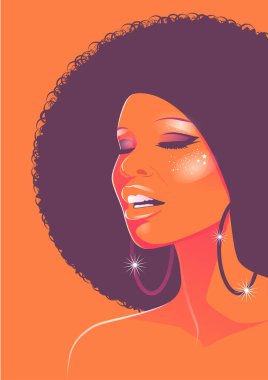 Beautiful woman with afro style curly hair, acid colors. Psychedelic makeup. Poster music soul, funk or disco style 60s or 70s