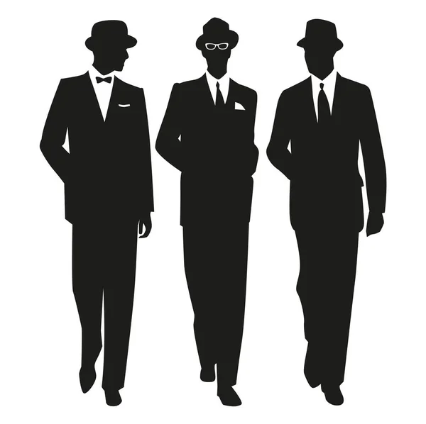 Silhouette Three Men Wearing Elegant Retro Style Walking Isolated White — Wektor stockowy