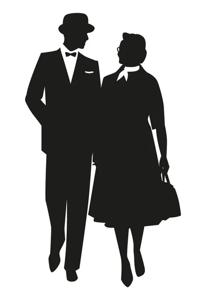Des Silhouettes Couple Marchant Portant Des Vêtements Style Rétro Isolés — Image vectorielle