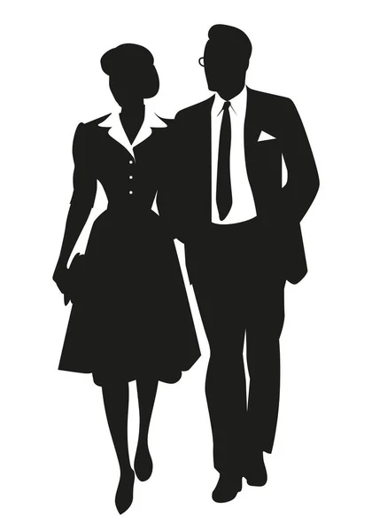 Walking Couple Silhouettes Wearing Retro Style Clothes Isolated White Background — Stockový vektor