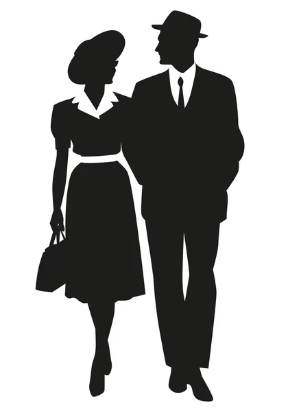 Walking Couple Silhouettes Wearing Retro Style Clothes Isolated White Background — Vector de stock