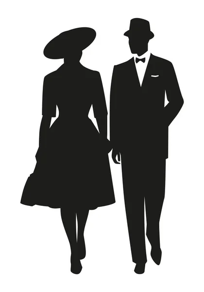 Walking Couple Silhouettes Wearing Retro Style Clothes Isolated White Background — Stock Vector