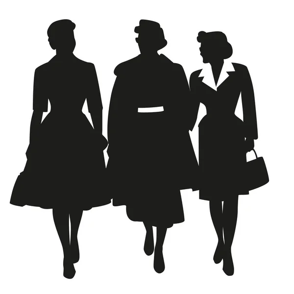 Silhouette Three Ladies Dressed Retro Style Walking Isolated White Background — стоковый вектор