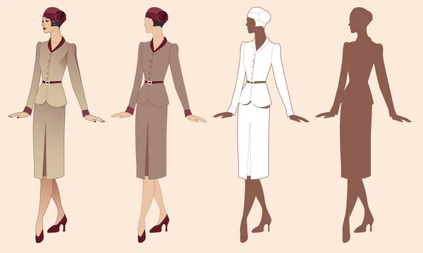 ヴィンテージファッションデザイン 30代のレトロなスタイルの服を着たエレガントな女性 — ストックベクタ